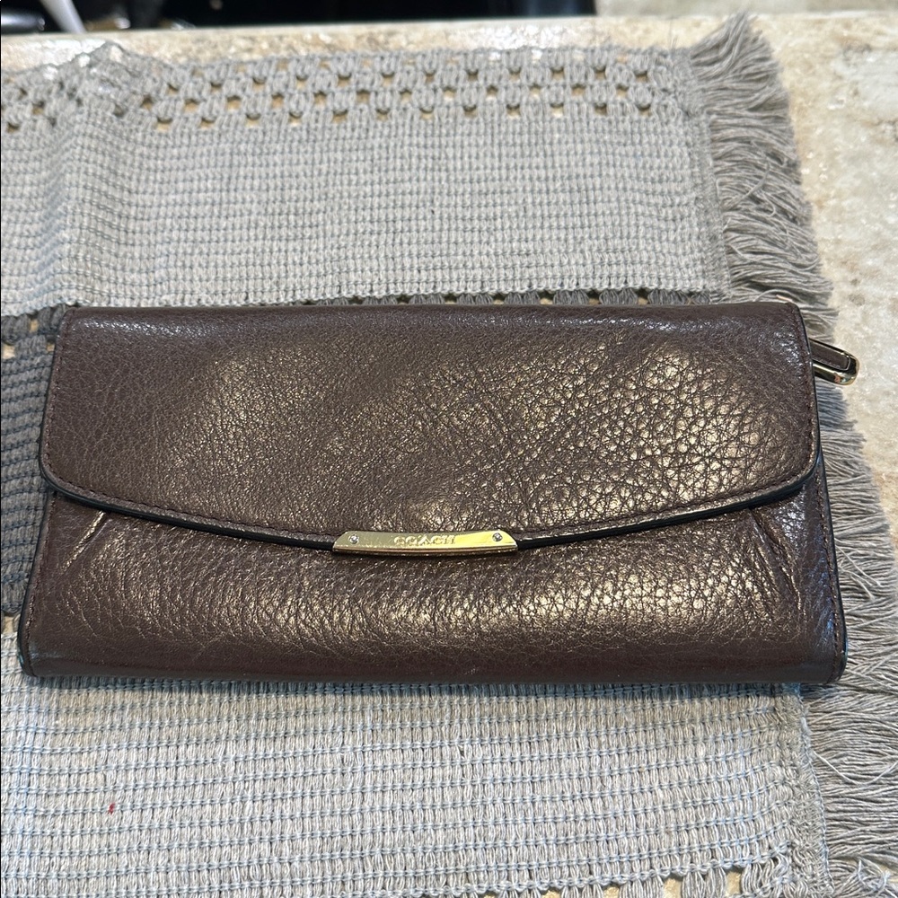 Coach Dark Brown Leather Wallet with Gold Accent